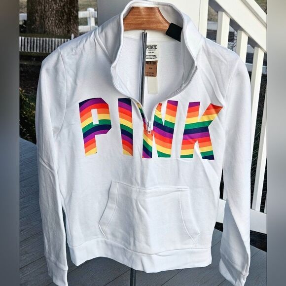 PINK Everyday Lounge Perfect Quarter Zip Classic Pullover OPTIC WHITE PRIDE MED. - Picture 1 of 16